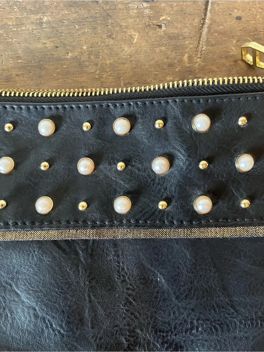 Madden Girl Black Faux-Leather Crossbody with Pearl Studs and Gold Chain